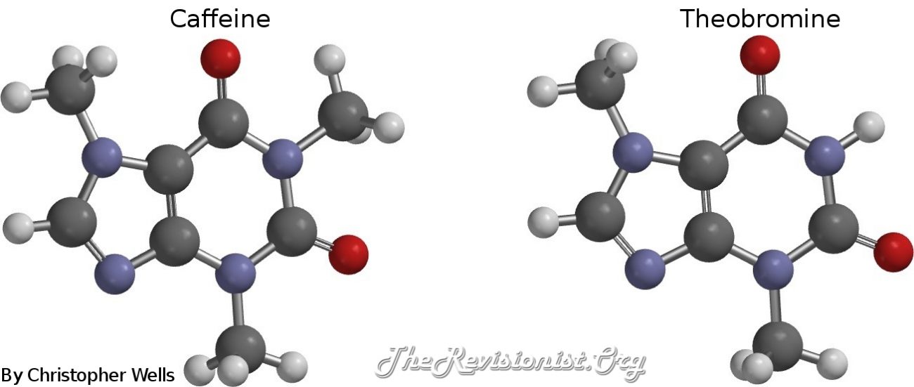 ball stick models of caffeine and theobromine